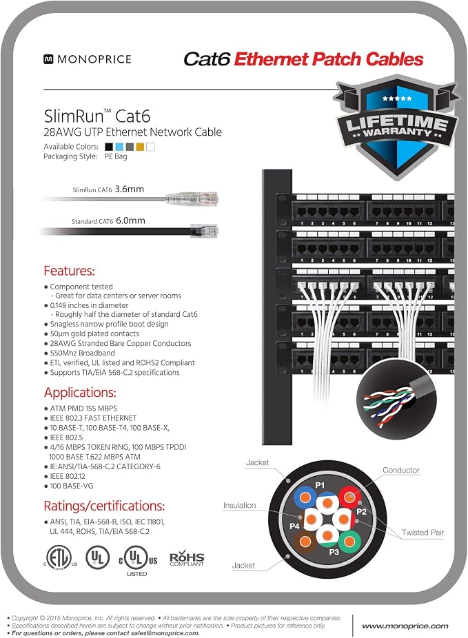Monoprice Cat6 Ethernet Patch Cable, Snagless RJ45, CMR Riser Rated, Pure Bare - Image 6