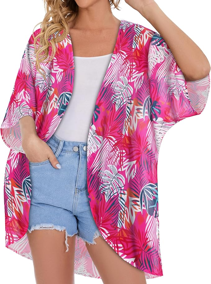 Women's Floral Print Puff Sleeve Kimono Cardigan Loose Cover Up Casual Blouse - Image 2