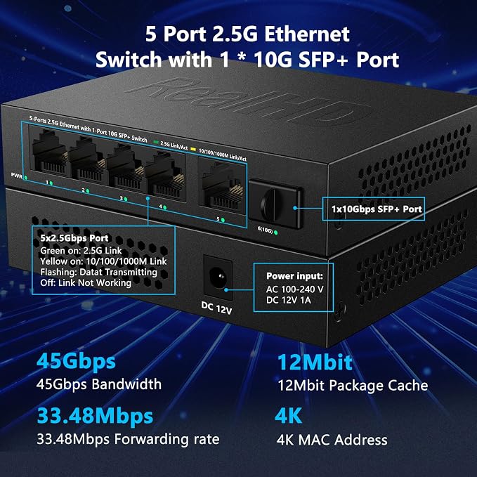 5 Port 2.5Gb Ethernet Switch Unmanaged Network Switch Splitter | Metal Casing | - Image 4