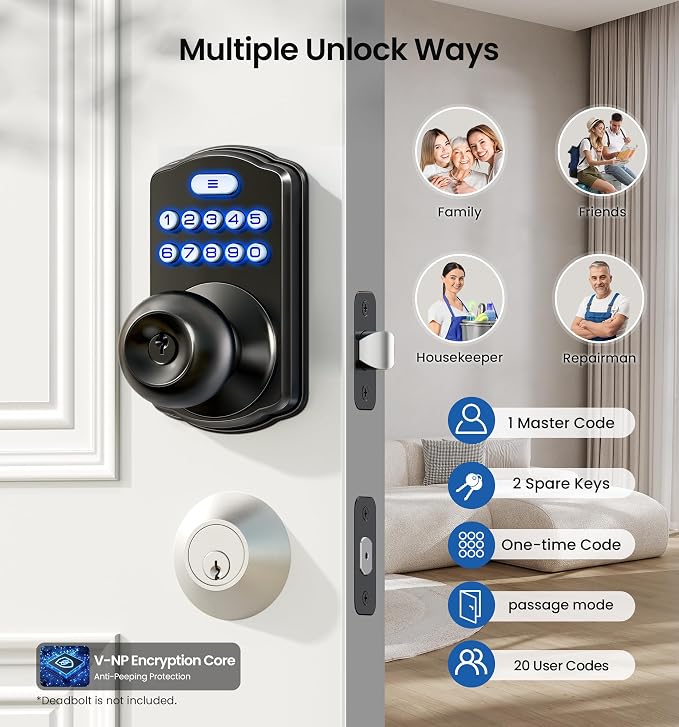 Veise KS03 Keypad Door Knob Lock, Keyless Entry Digital Lock - Image 2