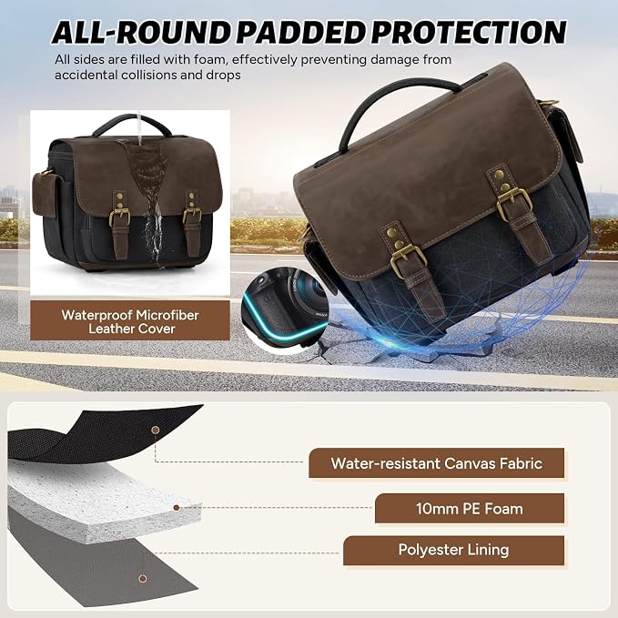 RAINSMORE Camera Bag, Vintage Canvas Camera Sling Bag Small Waterproof DSLR SLR - Image 4