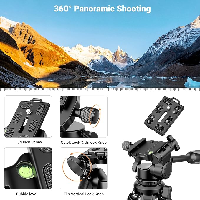 Joilcan 66" Travel Tripod for Camera, Aluminum Compact Tripod - Image 3