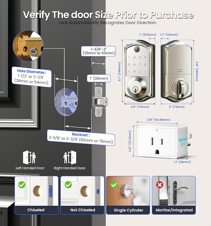 Veise VE017G Wi-Fi Keyless Entry Door Lock, App Remote & Voice Control - Image 13