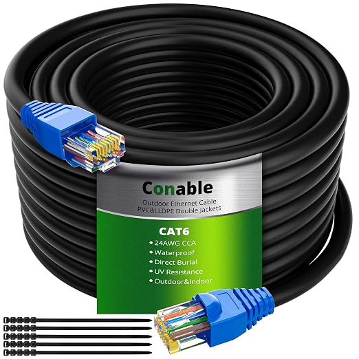 Cat6 Outdoor Ethernet Cable 25ft, Heavy Duty Double Jackets Internet Cord by Conable