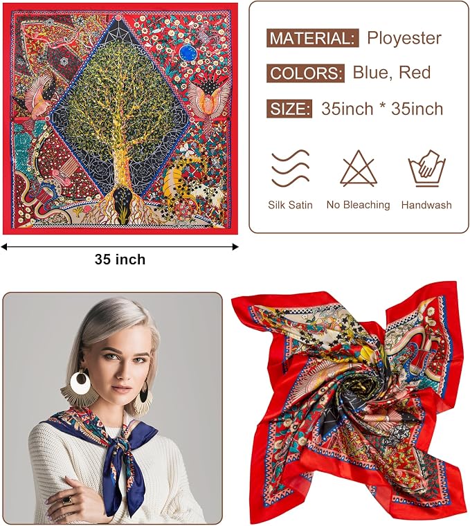 Senker Fashion 35" Head Scarf for Women, Pirate Costume Accessories Silk Red - Image 2