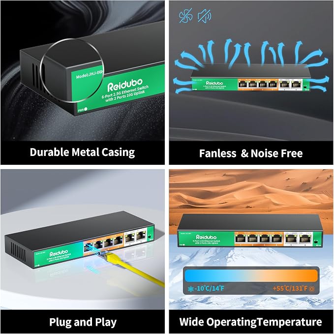 6-Port 10Gb Ethernet Switch Unmanaged, 2 x 10Gb RJ45 Uplink Ports + 4 x 2.5Gb - Image 6