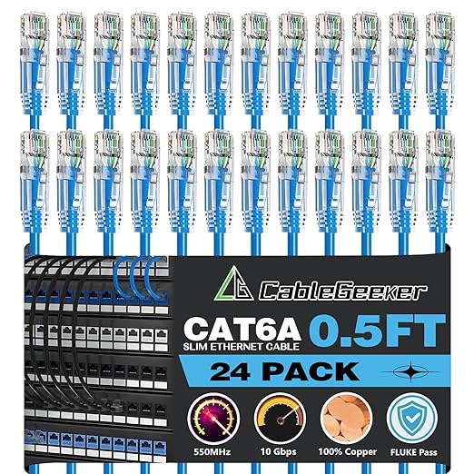 CableGeeker Patch Cables Cat6a 0.5ft Slim, Cat6 Ethernet Patch Cable 10G Support by CableGeeker