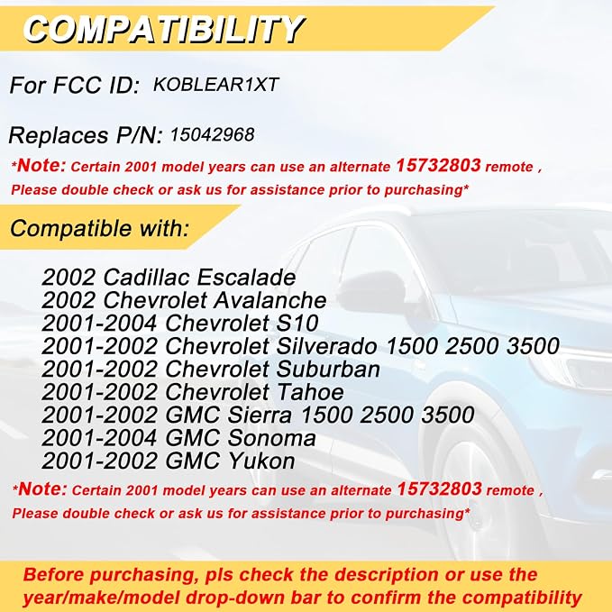 Vurkcy Key Fob Replacement for 2001-2002 Chevy Silverado Suburban Tahoe& GMC - Image 2