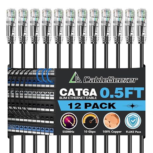 CableGeeker Patch Cables Cat6a 0.5ft Slim, Cat6 Ethernet Patch Cable 10G Support by CableGeeker