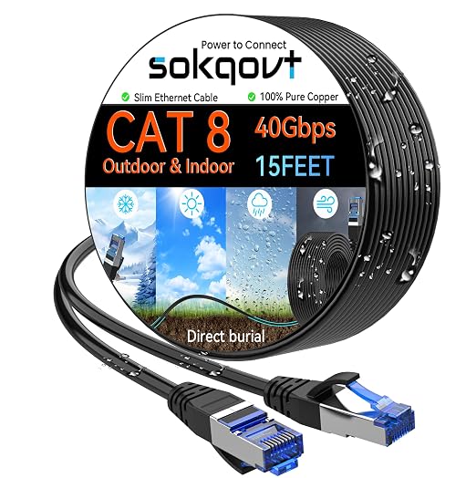 Sokqovt Cat 8 Ethernet Cable Slim 15ft Outdoor&Indoor, Pure Copper Cat8 by Unknown