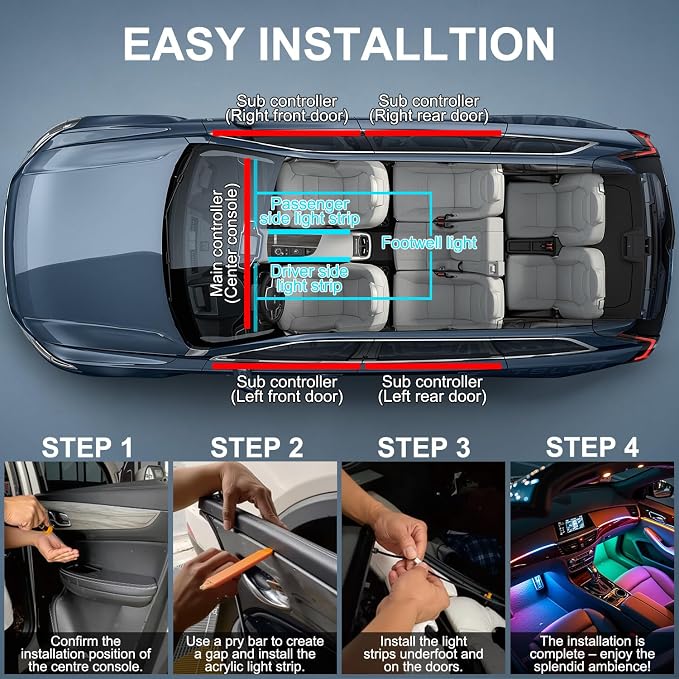 Dreamcolor Acrylic Interior Car LED Strip Lights, 6 in 1 Ambient Lighting Kit - Image 5