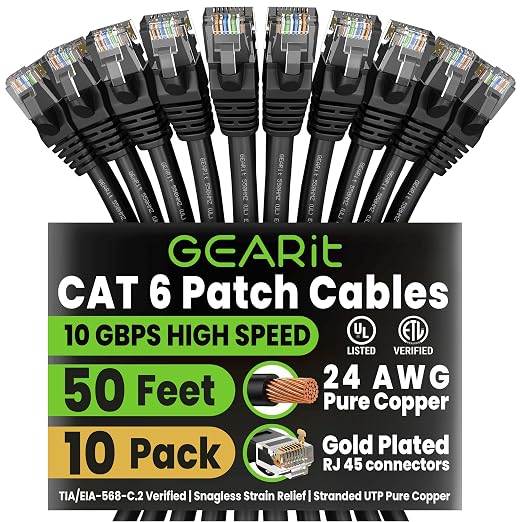GEARit Cat 6 Ethernet Patch Cable 50 ft Black Cat6 Patch Cables 50ft by GEARit