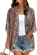 Women's Floral Print Puff Sleeve Kimono Cardigan Loose Cover Up Casual Blouse by CHICGAL
