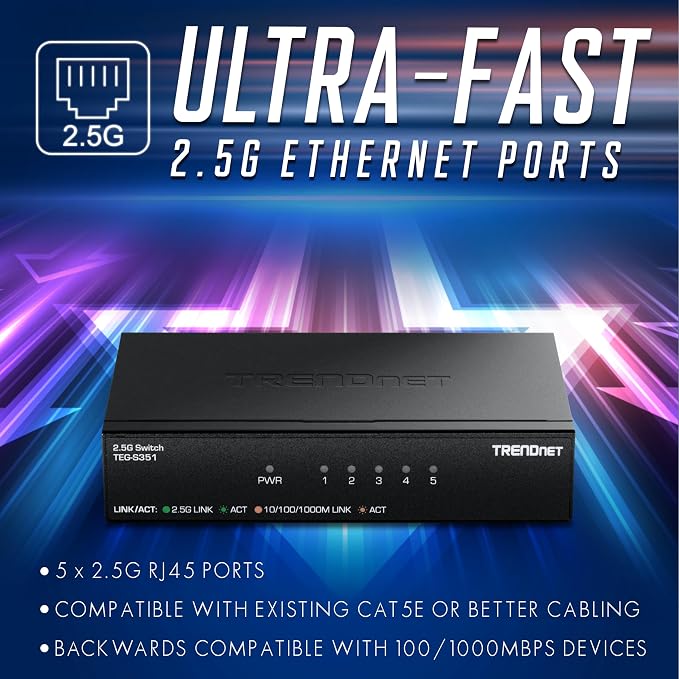 TRENDnet 5-Port 2.5Gb Switch, 5 x 2.5G RJ45 Ports, 25Gbps Switching Capacity - Image 7