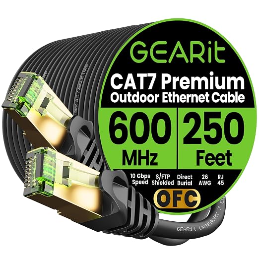 GEARit Cat7 Outdoor Ethernet Cable SFTP Shielded Foil Twisted Pair, Pure Copper by GEARit