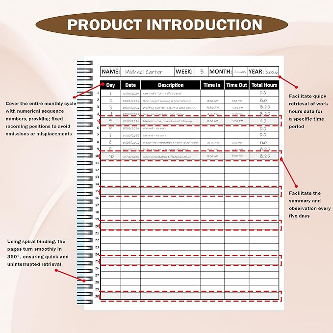 3 Pcs Daily Time Sheet Log Book Spiral 120 Pages 8.5x11 Inch Binder Work Hours - Image 4