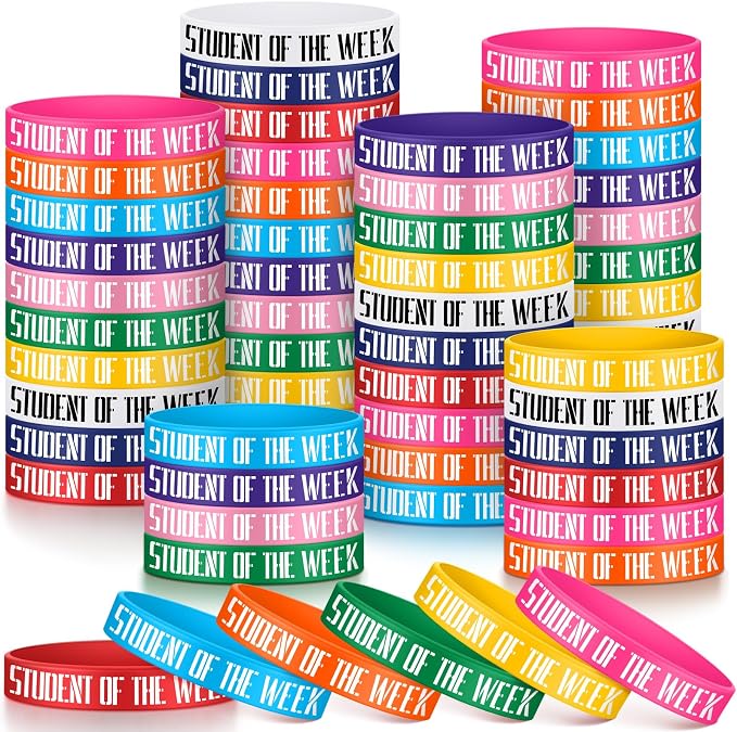 100 Pcs Student of the Week Silicone Wristbands 10 Assorted Color Reward Rubber by Cunno