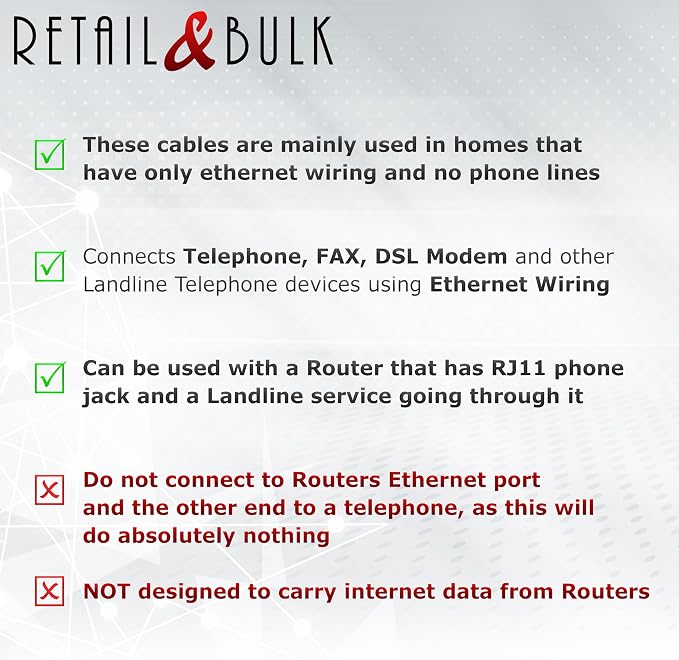 2-Pack Customizable RJ11 to RJ45 Telephone Cable – 2 Inch to 15 FT - Image 2
