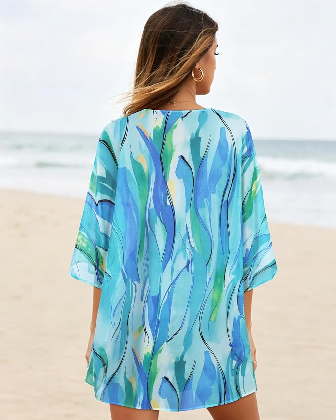 Women's Floral Print Puff Sleeve Kimono Cardigan Loose Cover Up Casual Blouse - Image 6