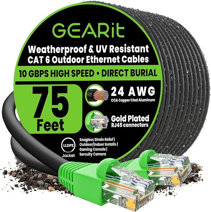 GEARit Cat6 Ethernet Cable 75ft, Outdoor Direct Burial Cat 6 Cable 24AWG High by GEARit
