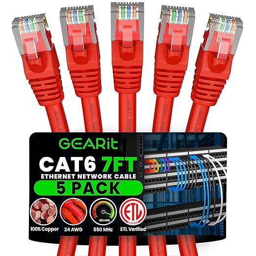 GEARit Cat 6 Ethernet Patch Cable 7 ft Red Cat6 Patch Cables 7ft Red/Ethernet by GEARit