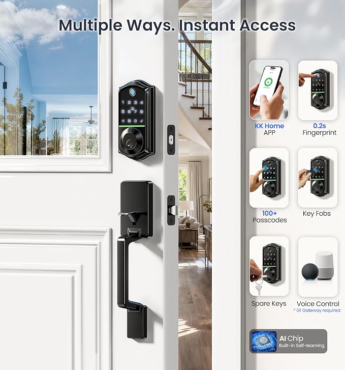 Veise VE017-D Smart Fingerprint Front Door Lock Set, App Control, 8-in-1 - Image 3