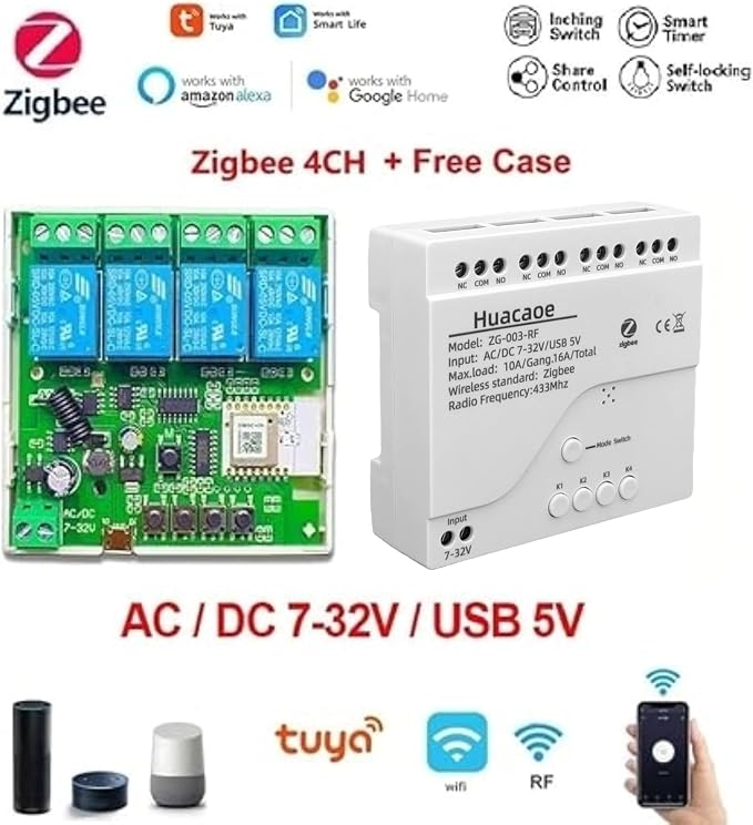 Zigbee 4CH DC7-32V USB 5V Relay Smart Switch Module, Wireless APP Remote Control - Image 2
