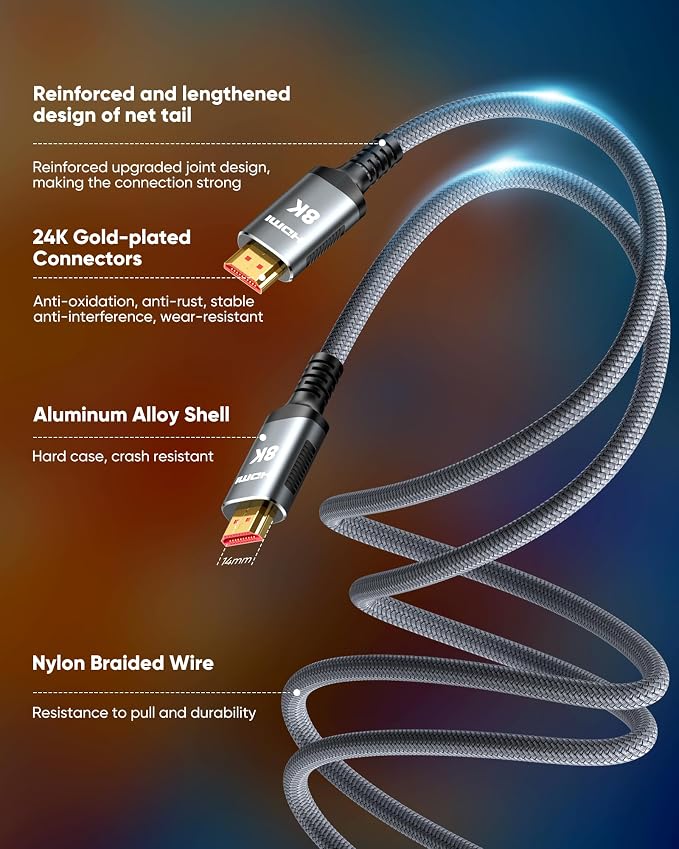 Snowkids 8K HDMI Cable 25 FT Grey, 48Gbps Ultra High-Speed HDMI 2.1 Cables Cord - Image 7
