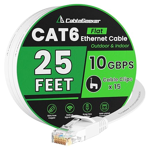 Cat 6 Ethernet Cable 25 ft, Indoor&Outdoor, High Speed 10Gbps Flat Internet by CableGeeker