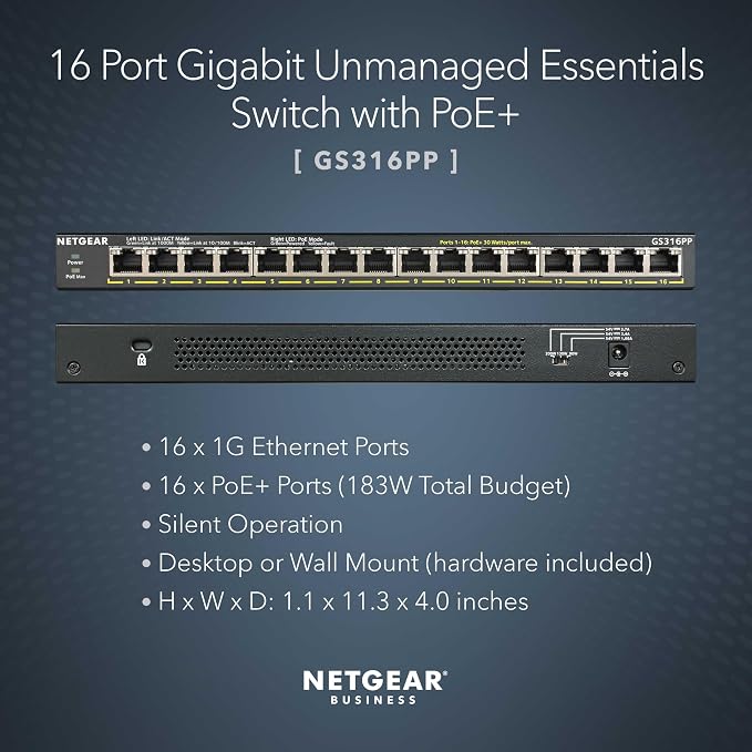NETGEAR 16 Port PoE+ Gigabit Switch – Unmanaged Essentials Ethernet Switch - Image 2