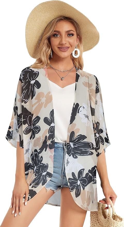 Women's Floral Print Puff Sleeve Kimono Cardigan Loose Cover Up Casual Blouse - Image 5