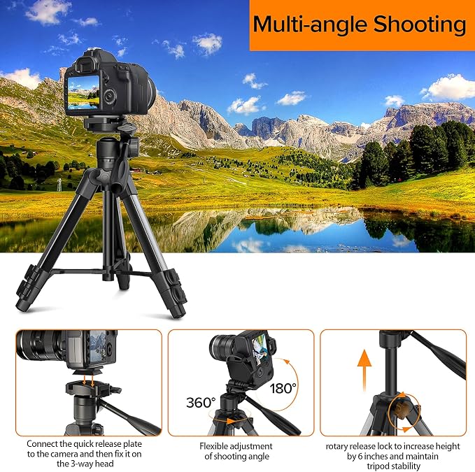 Camera Tripod 66.7 Inch, Patented 3-Way Rotating Portable Cameras Stand - Image 4