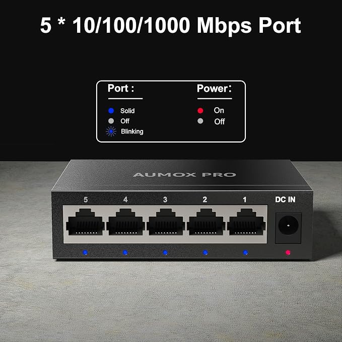 5 Port Gigabit Unmanaged Ethernet Switch, AUMOX PRO Home Network Hub, Office - Image 2