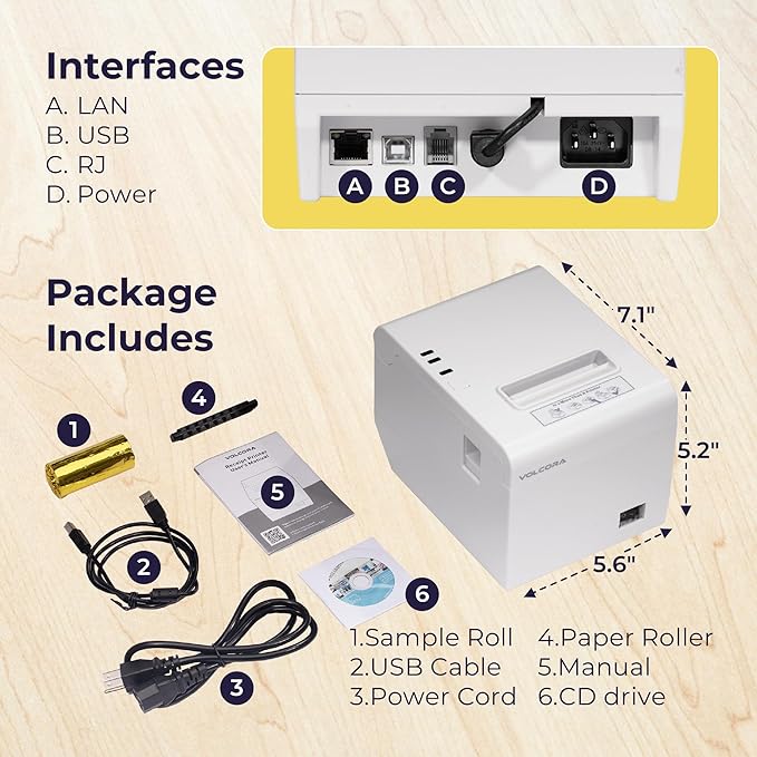 Volcora Thermal Receipt Printer, 80mm POS Printer w/Auto Cutter, USB/Ethernet - Image 5