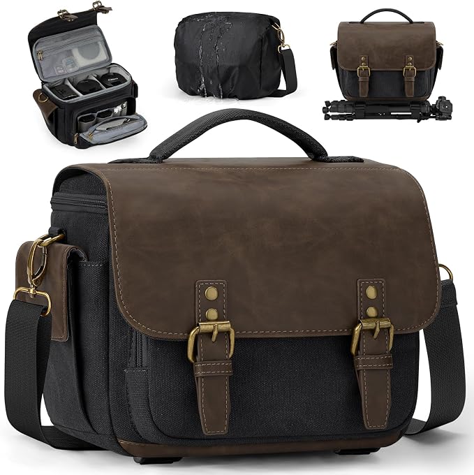 RAINSMORE Camera Bag, Vintage Canvas Camera Sling Bag Small Waterproof DSLR SLR by RAINSMORE