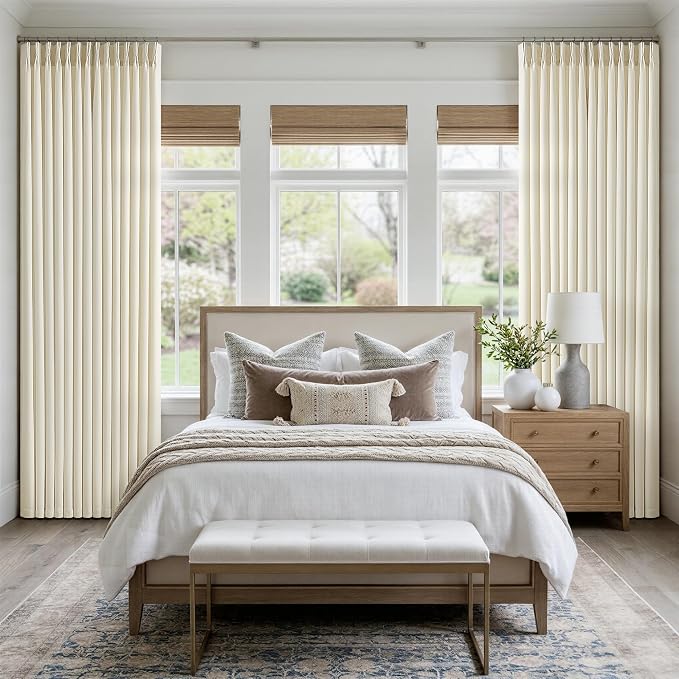 Cream Beige Pinch Pleated Linen Curtains 108 Inch 4 Panels Set - Image 5
