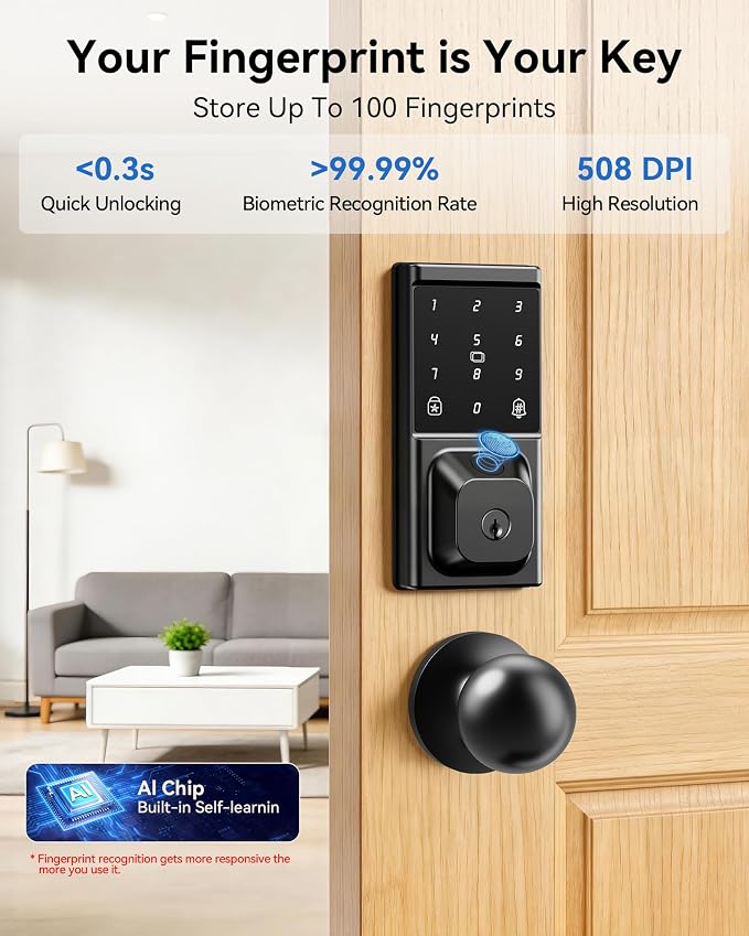 Smart Deadbolt Lock with Knob Handle, Keyless Entry Door Lock Set, Fingerprint - Image 3