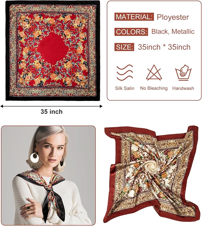 Senker Fashion 35" Head Scarf for Women, Pirate Costume Accessories Silk Red - Image 2