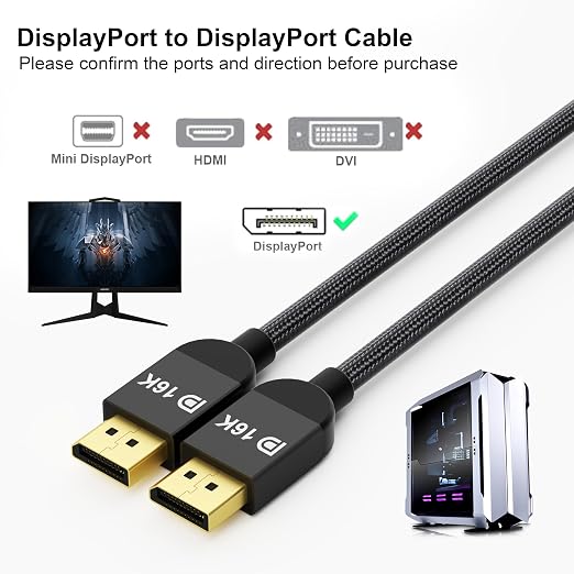 RUIPRO DisplayPort Cable 2.1, 16K DP Cable 6.6ft, Supports 80Gbps, 4K@240Hz - Image 3