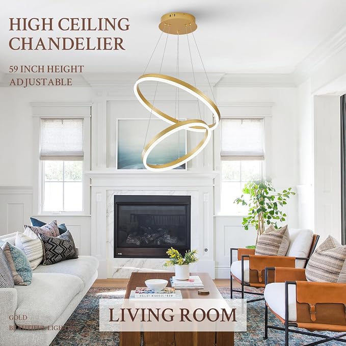 Modern LED Chandelier Gold 2-Rings Pendant Light Circular Flush Mount Ceiling - Image 6