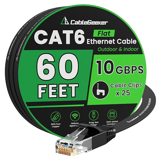Cat 6 Ethernet Cable 60 ft, Indoor&Outdoor, High Speed 10Gbps Flat Internet by CableGeeker