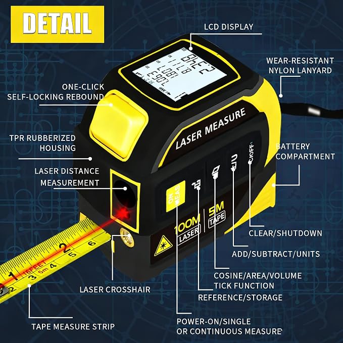 4-in-1 Laser Tape Measure 328FT, Digital Laser Distance Meter, 16FT Steel Tape - Image 4