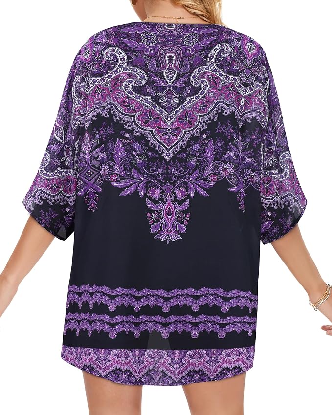 Women's Floral Print Puff Sleeve Kimono Cardigan Loose Cover Up Casual Blouse - Image 5
