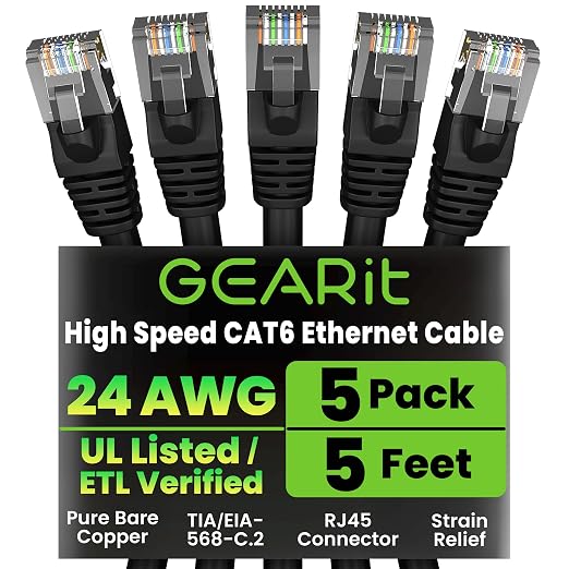 GEARit Cat 6 Patch Cables 5 ft Black Cat6 Patch Cables 5ft Black/Ethernet Patch by GEARit