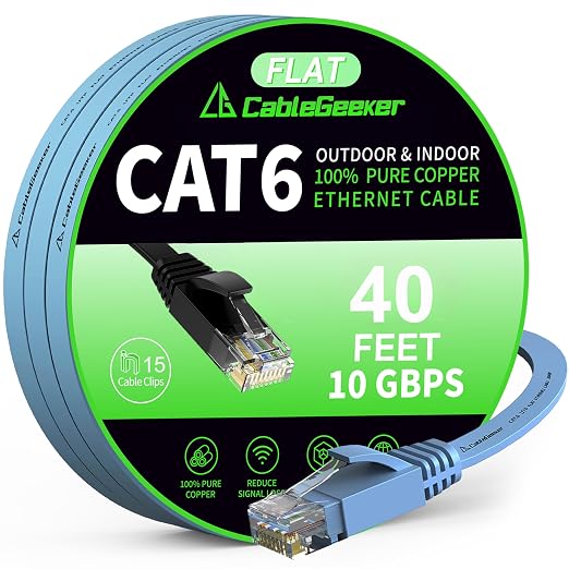 Cat 6 Ethernet Cable 40 ft, Indoor&Outdoor, High Speed 10Gbps Flat Internet by CableGeeker