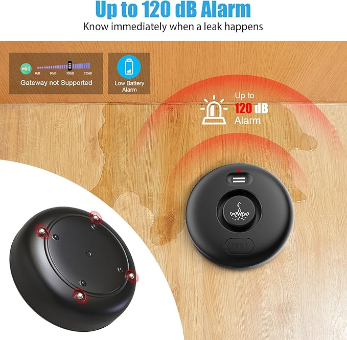5 Pack Black Water Leak Alarm Detector, 120dB Loud Alert Water Sensor, IP66 - Image 3