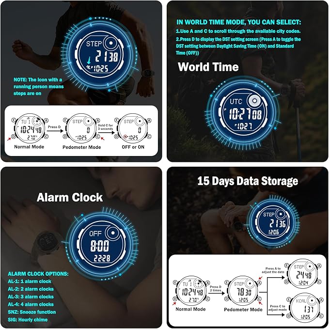 AVTREK Tactical Watch with Compass, 50M Waterproof Pedometer, Digital Altimeter - Image 4