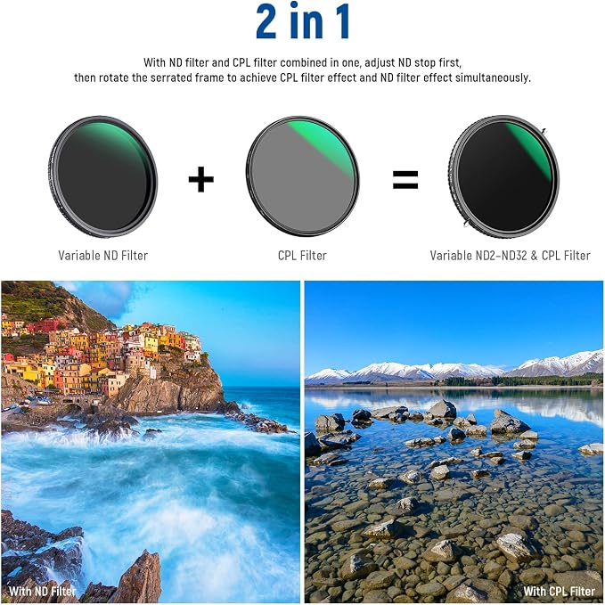 NEEWER 2 in 1 77mm Variable ND Filter ND2–ND32&CPL Filter No X Cross/30 Layer - Image 2