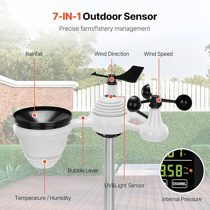 VEVOR 7-in-1 Wireless Weather Station, 7.5 in Color Display, Digital Weather - Image 2