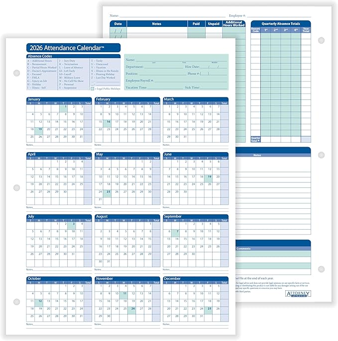 ComplyRight 2026 Attendance Calendar Card by ComplyRight